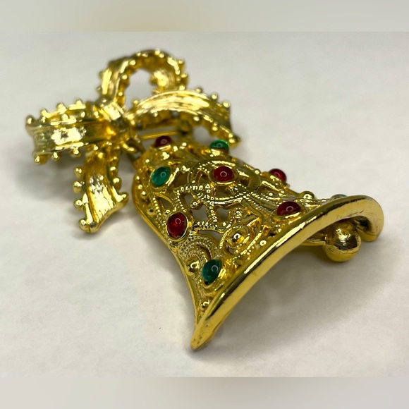 Vintage Tancer II Holiday Bell with Bow and Rhinestones Brooch - Picture 3 of 5